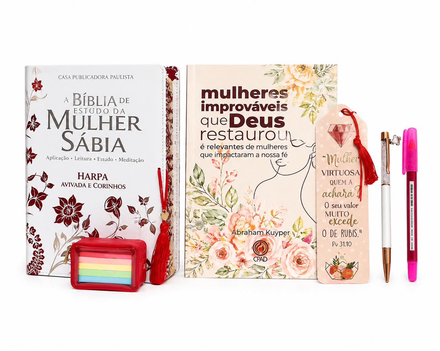 Kit Bíblia Mulher Sábia + Livro Mulheres Improváveis + Canetas + Marca Página (Presente Completo)